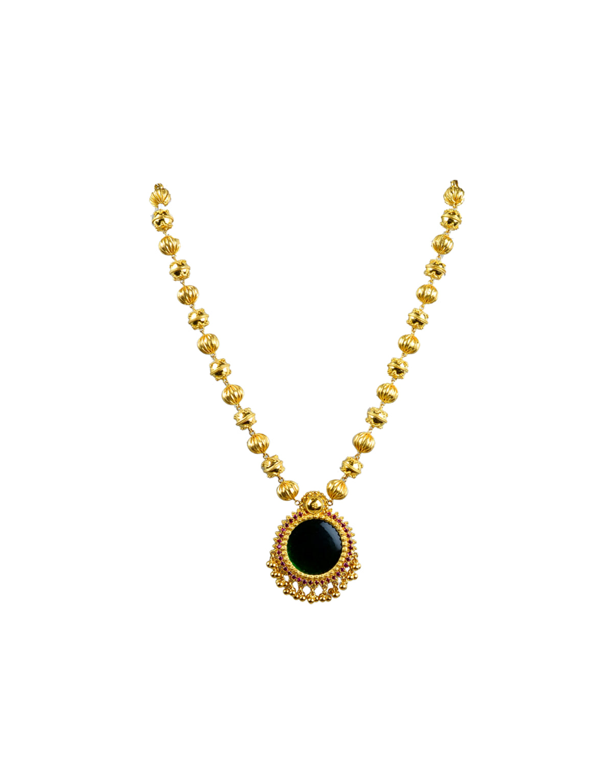 Traditional Gold Bead Necklace with Black Stone Pendant