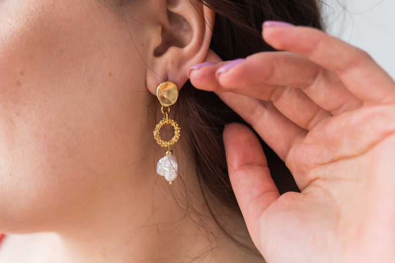 Artistic Gold Pearl and Crystal Drop Earrings