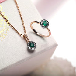 Elegant Rose Gold Emerald and Diamond Jewelry Set