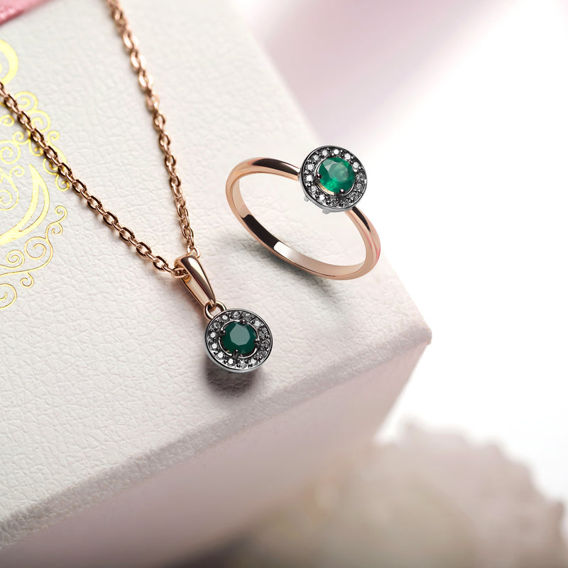 Elegant Rose Gold Emerald and Diamond Jewelry Set